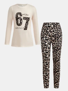 Tween Girl Tween Girl Tween Girl Sporty Casual Knit Leopard Print & Number Graphic Long Sleeve Top With Leopard Print Leggings Set - Multicolor - View 4
