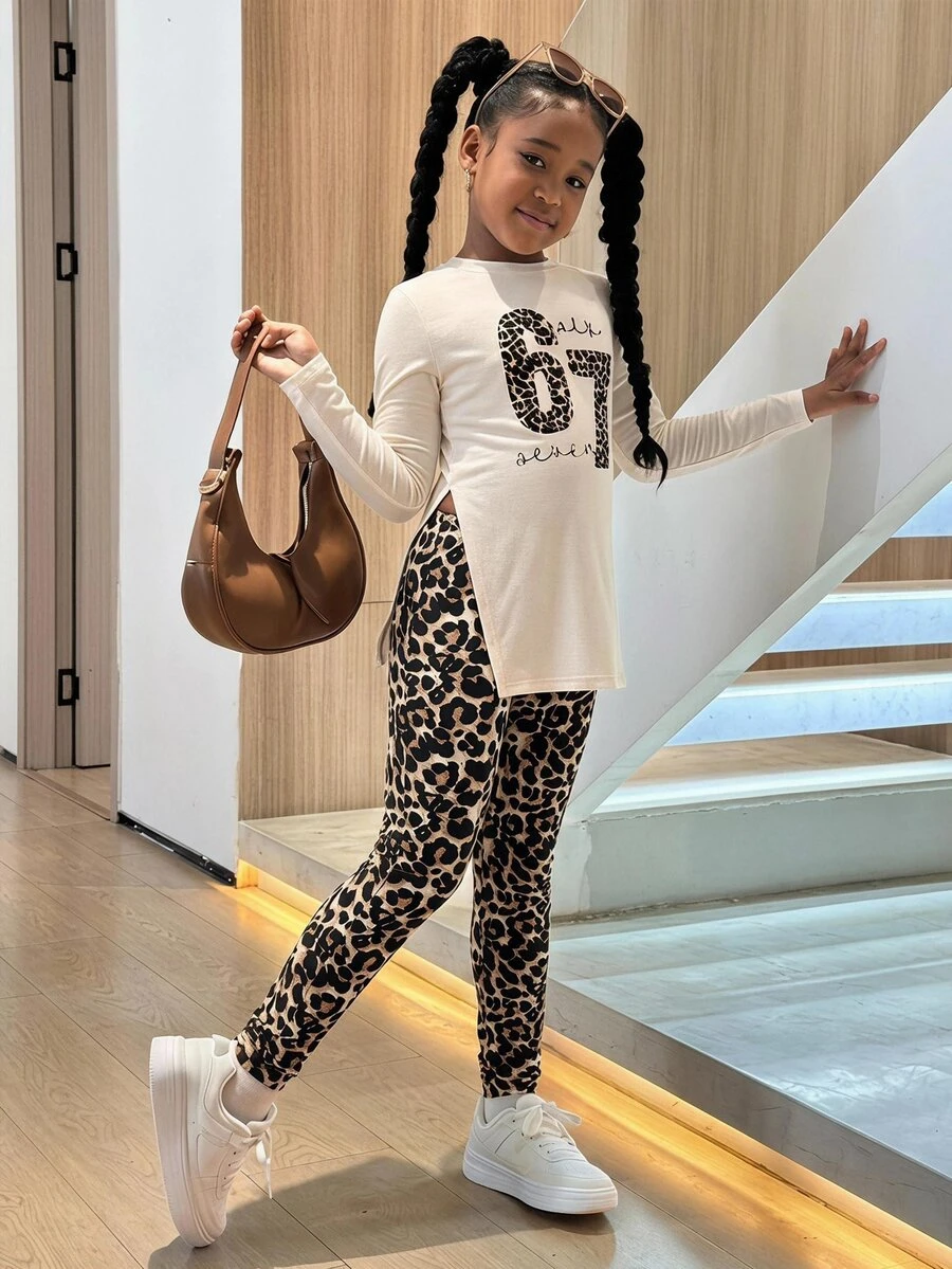 Tween Girl Tween Girl Tween Girl Sporty Casual Knit Leopard Print & Number Graphic Long Sleeve Top With Leopard Print Leggings Set - Multicolor - View 1