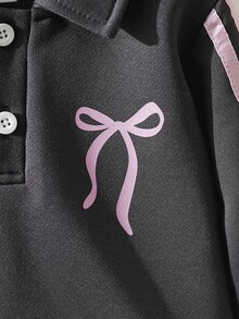 Elladie kids 可愛甜美女嬰秋季粉色條紋長袖上衣與裙子套裝，飾有緞帶與3D蝴蝶結，可愛日系風 - 深灰色 - 查看 8