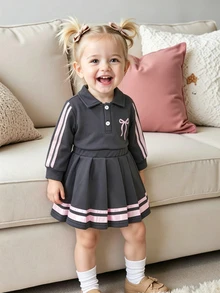 Elladie kids 可愛甜美女嬰秋季粉色條紋長袖上衣與裙子套裝，飾有緞帶與3D蝴蝶結，可愛日系風 - 深灰色 - 查看 6
