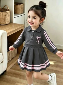 Elladie kids 可愛甜美女嬰秋季粉色條紋長袖上衣與裙子套裝，飾有緞帶與3D蝴蝶結，可愛日系風 - 深灰色 - 查看 5