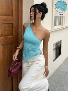 Siren Gaze 蕾絲拼接扭轉單肩上衣，優雅修身女款襯衫，嘉年華上衣，夏季休閒風，露肩上衣，露背上衣，派對上衣，音樂節 - 藍色 - 查看 7