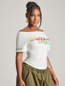 NYA SZN Top Color Block Short Sleeve Ribbed Knit Trim Printed Graphic Tee Lagos Center Of Excellence Oversized Streetwear Y2k Casual Chic White Summer Fall - Apricot - View 7