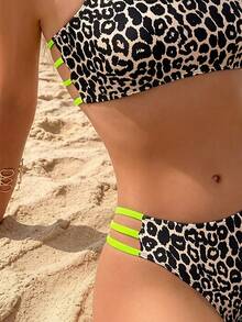 SHEIN Swim 2 piezas Conjunto de bikini de mujer con estampado de leopardo, estilo de vacaciones en la playa de verano - Amarillo - Ver 4