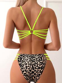 SHEIN Swim 2 piezas Conjunto de bikini de mujer con estampado de leopardo, estilo de vacaciones en la playa de verano - Amarillo - Ver 1