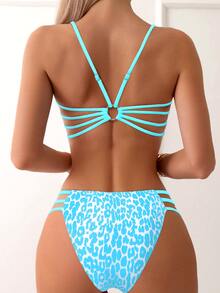 SHEIN Swim 女士夏季沙灘豹紋中空性感比基尼套裝 - 淺藍色 - 查看 3