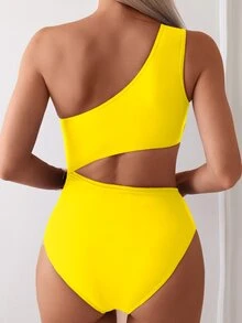SHEIN Swim Summer Women Solid Color Asymmetric Neck Sleeveless Slim Fit Casual One Piece Swimsuit - Yellow - View 2
