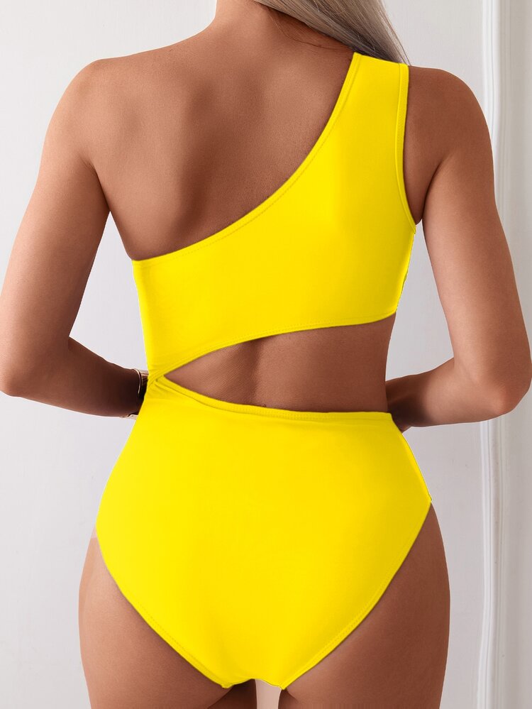 SHEIN Swim Summer Women Solid Color Asymmetric Neck Sleeveless Slim Fit Casual One Piece Swimsuit - Yellow - View 2