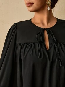 Travachic 大尺碼女款長袖圓領前綁帶純黑色波希米亞風優雅襯衫，燈籠袖休閒上衣，適合海灘、晚餐、辦公室、秋季 - 黑色 - 查看 3