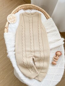 SHEIN 燕麥色嬰兒毛衣連身褲 背心式連身衣 休閒極簡日常風 親膚爬行期連身褲 - 杏色 - 查看 1
