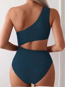 SHEIN Swim 女士纯色不对称肩无袖镂空连体泳衣夏季 - 藍色 - 查看 2