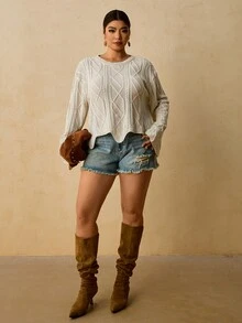 Travachic 大尺碼女款圓領針織衫，適合辦公正式、度假、休閒、居家與俱樂部場合，柔軟優雅，白色滿版，秋冬款 - 米色 - 查看 5