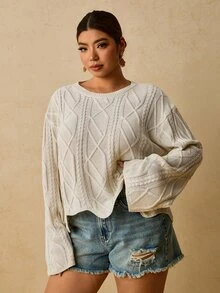 Travachic 大尺碼女款圓領針織衫，適合辦公正式、度假、休閒、居家與俱樂部場合，柔軟優雅，白色滿版，秋冬款 - 米色 - 查看 3