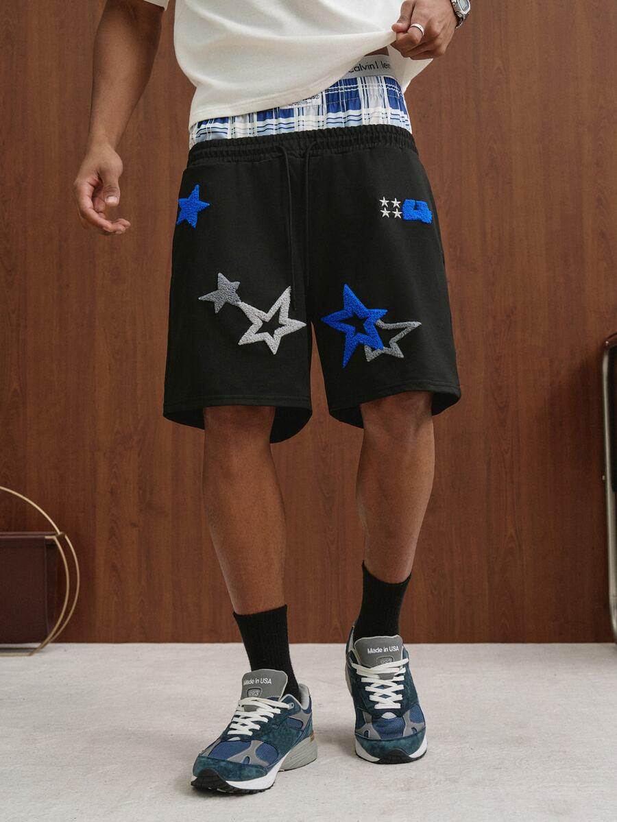 PAVTROS Spring Blue Casual Printed Men's Loose Shorts With Star Embroidery Pattern - Black - View 1