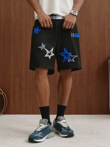PAVTROS Spring Blue Casual Printed Men's Loose Shorts With Star Embroidery Pattern - Black - View 4
