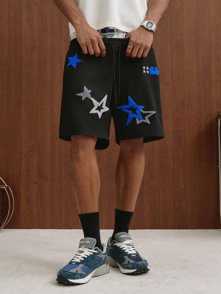 PAVTROS Spring Blue Casual Printed Men's Loose Shorts With Star Embroidery Pattern - Black - View 4