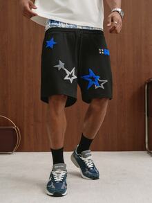 PAVTROS Spring Blue Casual Printed Men's Loose Shorts With Star Embroidery Pattern - Black - View 6