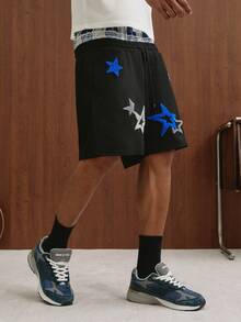 PAVTROS Spring Blue Casual Printed Men's Loose Shorts With Star Embroidery Pattern - Black - View 5