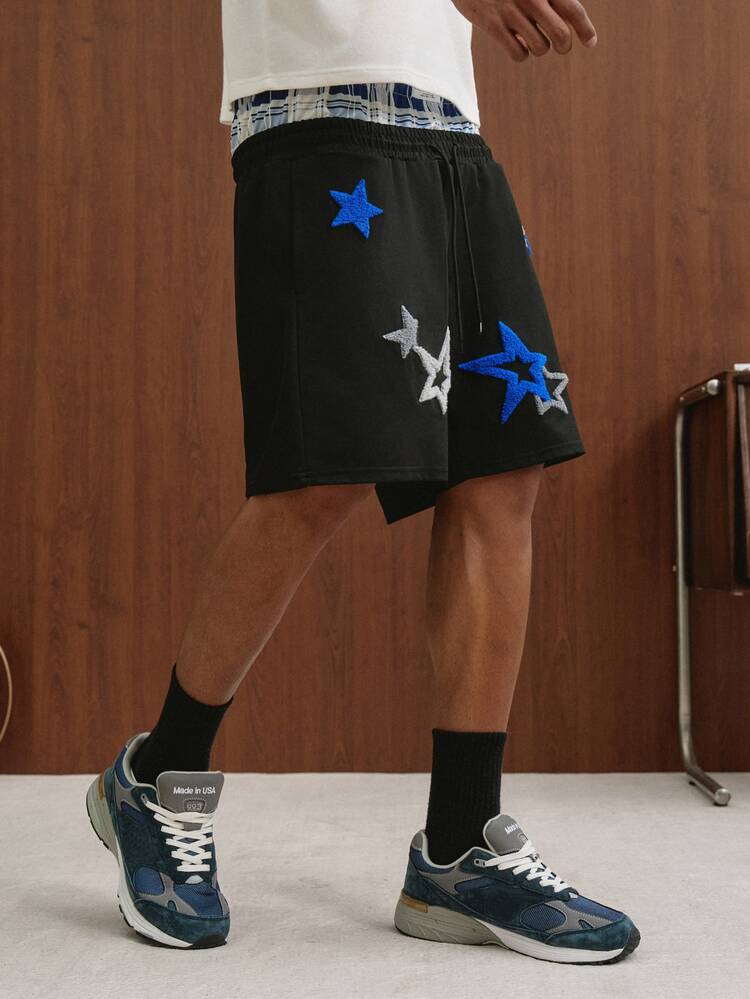 PAVTROS Spring Blue Casual Printed Men's Loose Shorts With Star Embroidery Pattern - Black - View 5