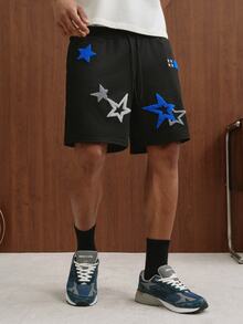 PAVTROS Spring Blue Casual Printed Men's Loose Shorts With Star Embroidery Pattern - Black - View 7