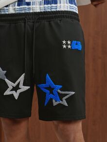 PAVTROS Spring Blue Casual Printed Men's Loose Shorts With Star Embroidery Pattern - Black - View 3