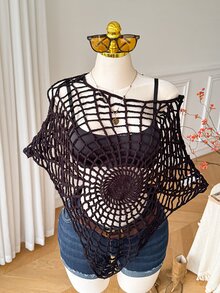 Comfortcana 夏季披肩，適合外出、晚宴與約會，黑色，荷葉邊下擺，半透明，休閒哥德風，鉤編，女款大尺碼萬聖節 - 黑色 - 查看 3