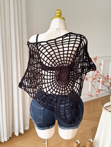 Comfortcana 夏季披肩，適合外出、晚宴與約會，黑色，荷葉邊下擺，半透明，休閒哥德風，鉤編，女款大尺碼萬聖節 - 黑色 - 查看 2