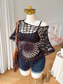 Comfortcana 夏季披肩，適合外出、晚宴與約會，黑色，荷葉邊下擺，半透明，休閒哥德風，鉤編，女款大尺碼萬聖節 - 黑色 - 查看 1