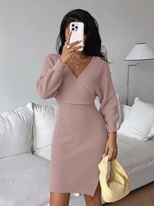 SHEIN Cottnline 交疊領蝙蝠袖高衩毛衣洋裝 - 淺灰紫 - 查看 3