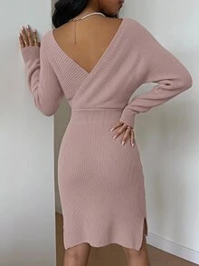 SHEIN Cottnline 交疊領蝙蝠袖高衩毛衣洋裝 - 淺灰紫 - 查看 2