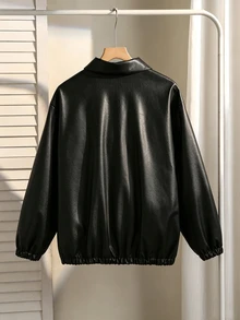 SHEIN 青少年女孩外套 抓絨 秋季服飾 長袖黑色 冬季 Matrix 風格街頭舞風 拉鍊夾克 PU 材質 頂級光澤 - 黑色 - 查看 2