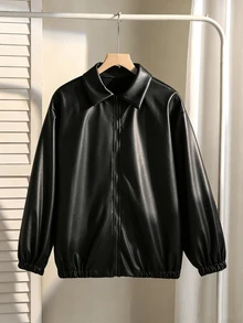 SHEIN 青少年女孩外套 抓絨 秋季服飾 長袖黑色 冬季 Matrix 風格街頭舞風 拉鍊夾克 PU 材質 頂級光澤 - 黑色 - 查看 4