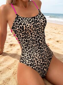 SHEIN Swim 1 件女式豹纹露背吊带连体泳衣，度假海滩夏季 - 彩色 - 查看 2