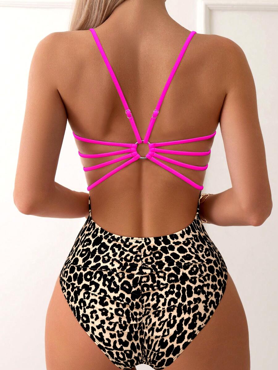 SHEIN Swim 1 件女式豹纹露背吊带连体泳衣，度假海滩夏季 - 彩色 - 查看 1
