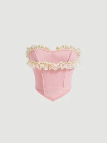 SHEIN MOD Romantic Pink Corset Date Night Top Bow Front Ruffle Trim Bandana Hem Crop Tube Top - Baby Pink - View 2