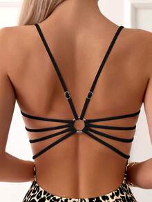 1pc Women Leopard Print Open Back Halter One-Piece Swimsuit, Beach Holiday Summer - Black - View 4