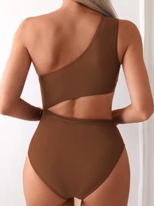 SHEIN Swim Women's Solid Color One-Piece Swimsuit With Waist Cutout And Ruched Detail, Bodycon Style Summer - Brown - View 2