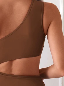 SHEIN Swim Women's Solid Color One-Piece Swimsuit With Waist Cutout And Ruched Detail, Bodycon Style Summer - Brown - View 4