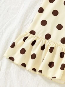 SHEIN 8-12歲女孩熱帶風無袖女童服飾，萬聖節套裝，夏季派對風格，棕色與白色波點可愛款 - 黃色 - 查看 7