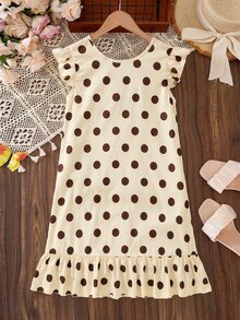 SHEIN 8-12歲女孩熱帶風無袖女童服飾，萬聖節套裝，夏季派對風格，棕色與白色波點可愛款 - 黃色 - 查看 2