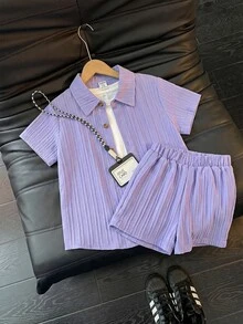 SHEIN 2 件装年轻男孩纽扣式短袖上衣和松紧腰时尚短裤套装 - 紫色 - 查看 6