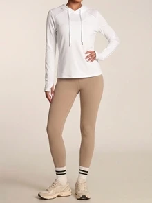 SHEIN Cheerettes Women's Solid White Hooded Pullover Sportswear Long Sleeve Casual Gym Fitness Workout Sweatshirt For Autumn Winter - White - View 7