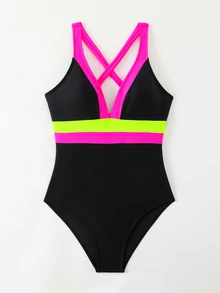 Vaytide Women's Color Block Halter Tummy Control One-Piece Swimsuit One-Piece Bathing Suit Summer - Black - View 3