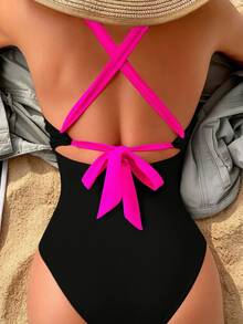 Vaytide Women's Color Block Halter Tummy Control One-Piece Swimsuit One-Piece Bathing Suit Summer - Black - View 5