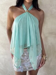 Aloruh 女款優雅掛脖綁帶上衣，飾有金屬扣飾，橄欖綠，適合日常通勤與海灘度假 - 薄荷綠 - 查看 7
