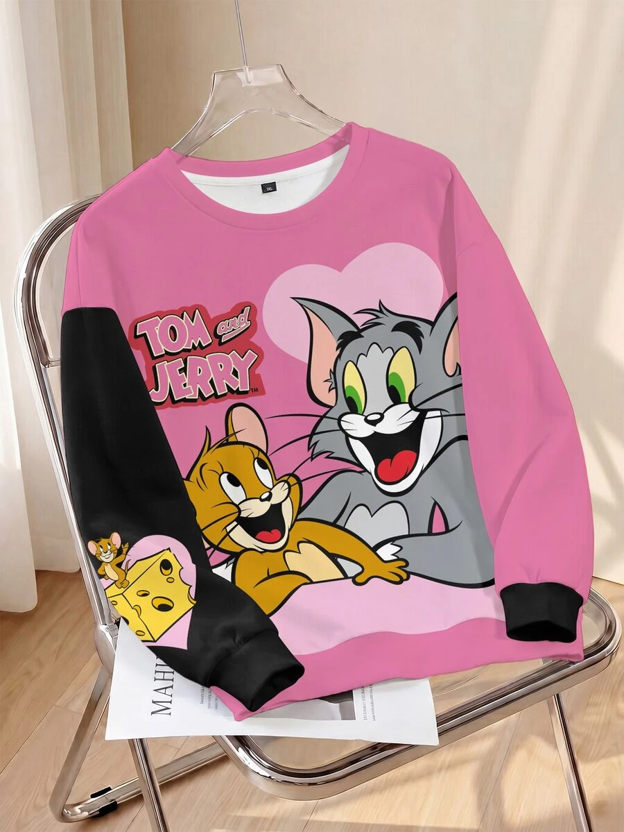 TOM & JERRY X SHEIN Plus Size Colorblock Patchwork Cartoon Print Crew Neck Sweatshirt - White - View 1