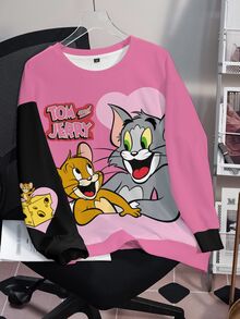 TOM & JERRY X SHEIN Plus Size Colorblock Patchwork Cartoon Print Crew Neck Sweatshirt - White - View 9