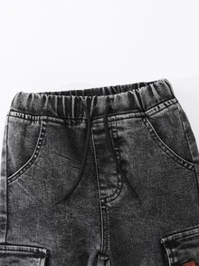 SHEIN 小男孩牛仔長褲 全季節百搭 牛仔復古 嬰兒藍 3D口袋工裝褲 鬆緊腰頭 優質棉質面料 冬季秋季 - 黑色 - 查看 5
