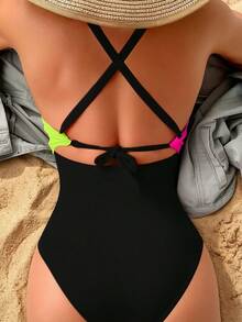 Swim Basics Summer Beach Neon Colorblock One Piece Swimsuit With Twisted Front Knot Detail And Cut-Out Design Carnival Bathing Suit - Multicolor - View 3