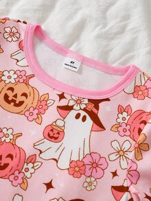 女童南瓜蝴蝶結印花長袖緊身褲休閒服套裝，萬聖節風格節慶穿搭，秋冬款 - 彩色 - 查看 5